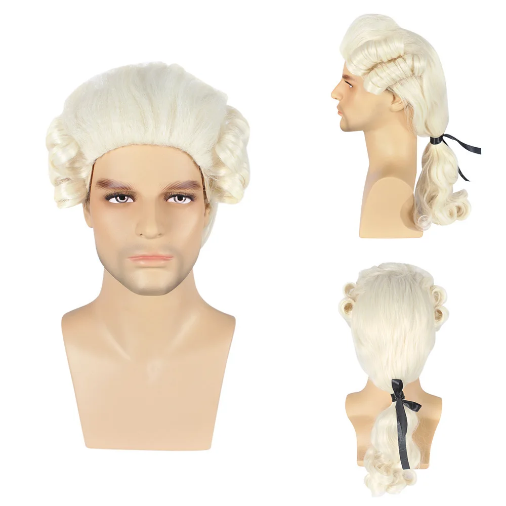 Braid Ponytail Judge Lawyer Cos Styling Wig Judge Colonial Man Long Wave Beige Wig Washington Halloween Costume Cosplay Wig