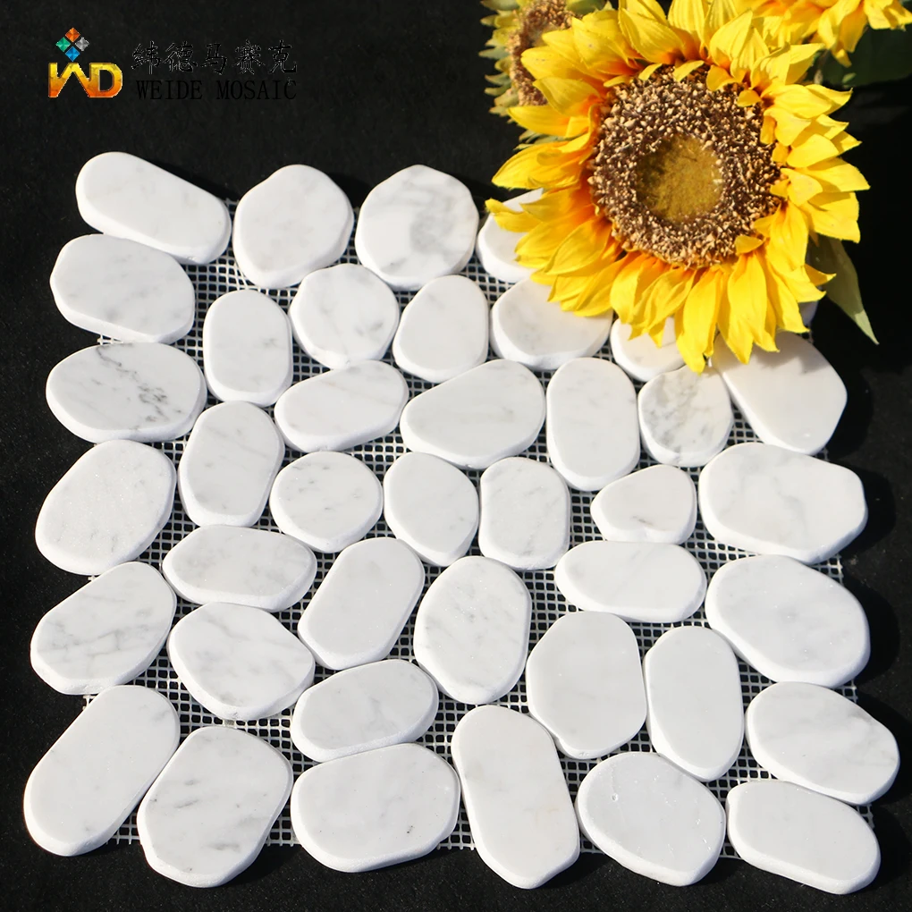 Outdoor garden White color decoration Sliced flat river pebble mosaic floor tiles marble natural stone mosaic Tile