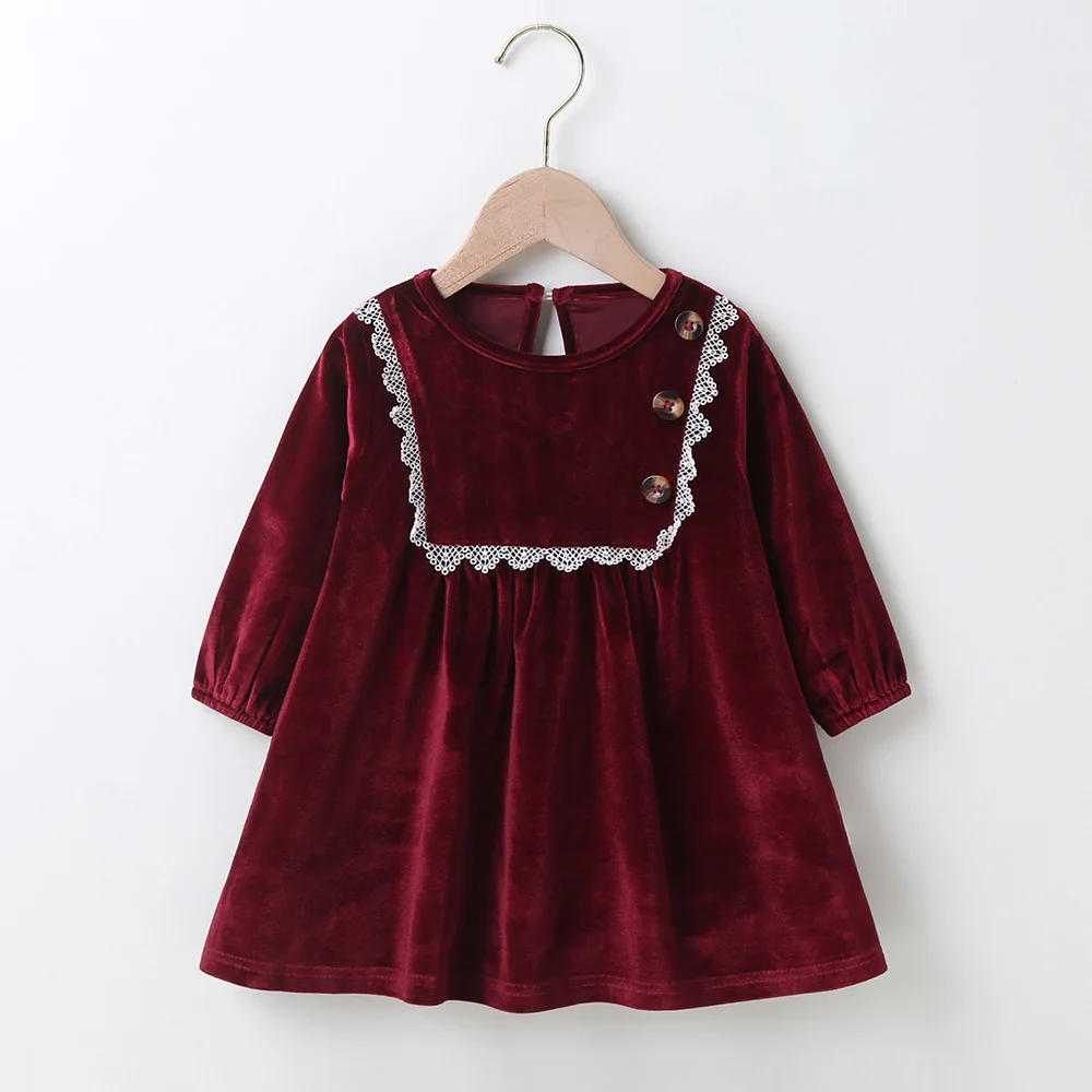 Girls red Velvet dress Long Sleeve White Lace Dress Cute baby girls party Dress for little girls