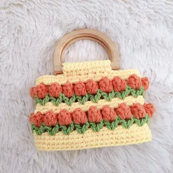 New design wooden handles small handbag cute girls yarn knitting crochet purses handmade crochet bag