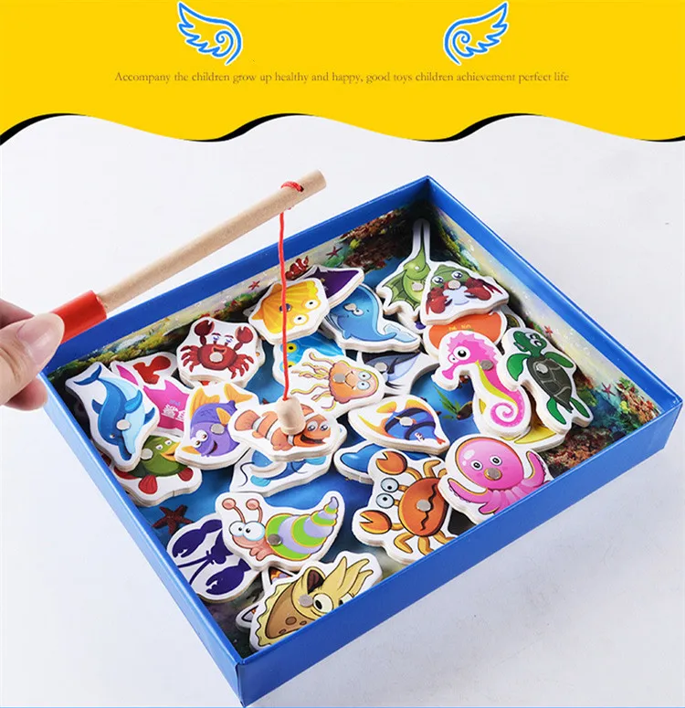 Wooden Magnetic Toys 32 Piece Fishing Game Parent Child Double Pole Puzzle Toy For Kids