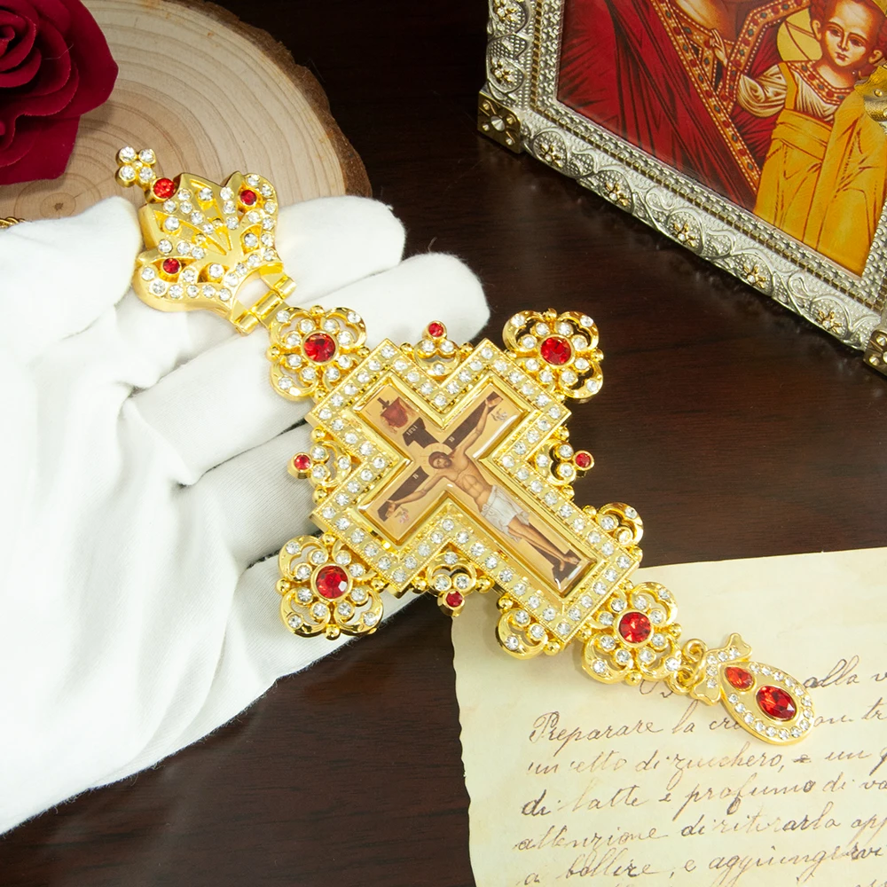 HT Luxury Greek Gold Plated Alloy Orthodox Russian Pectoral Cross with Jesus Icon Necklace for Priest Religion Gift
