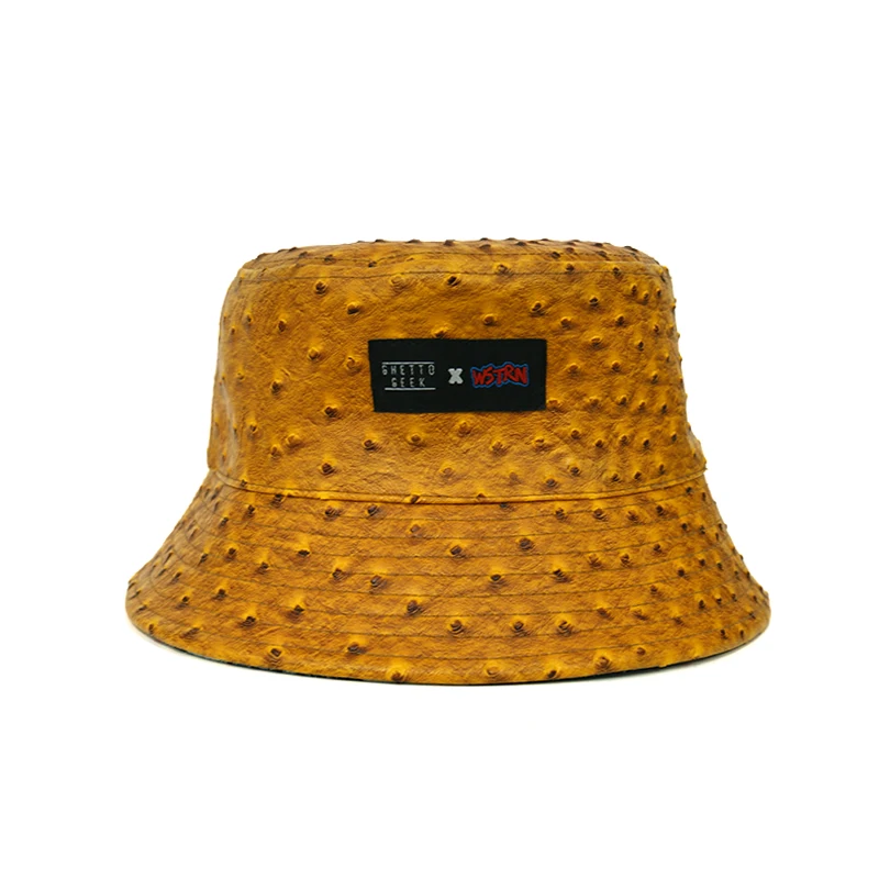 Unique Designer 3D Leather Full Print Streetwear Bucket Hat Custom Embroidery Label Reversible Bucket Hat