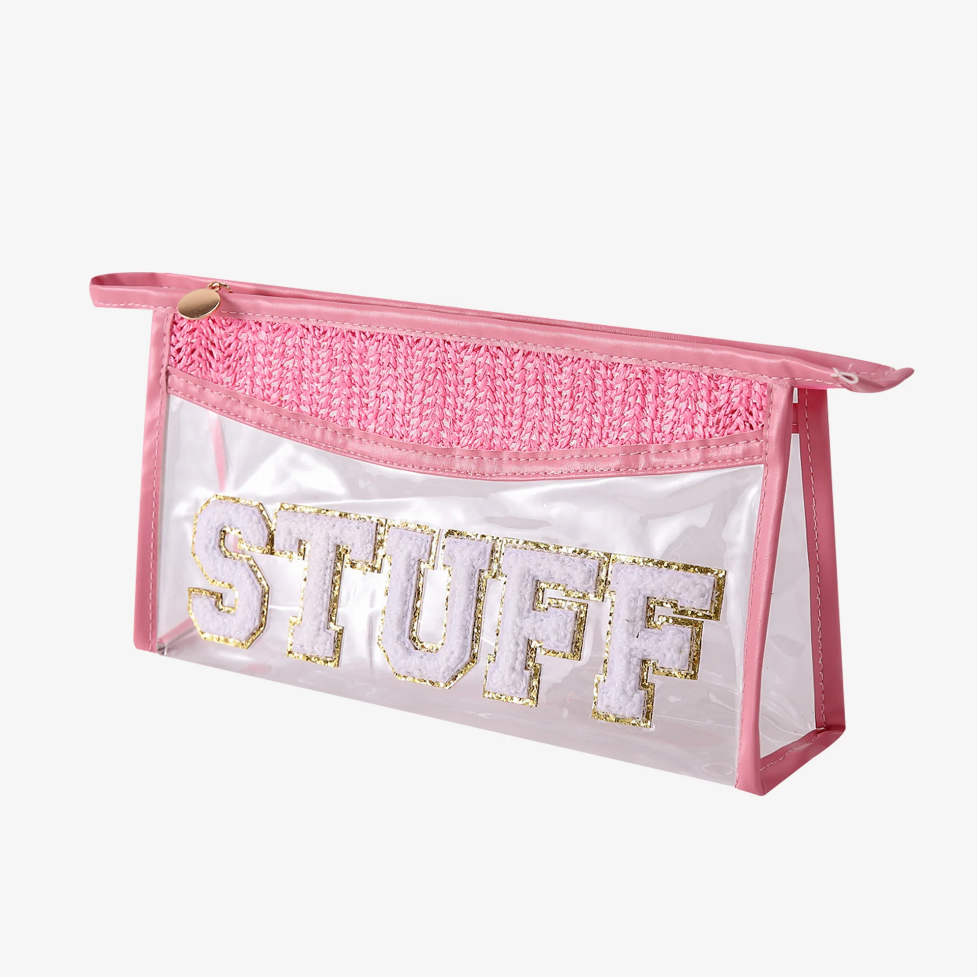 New Arrive Transparent PVC Makeup Bag With  Embroidery Letter Patch Girls Straw Plaited Article Clear Personality Cosmetic Bag
