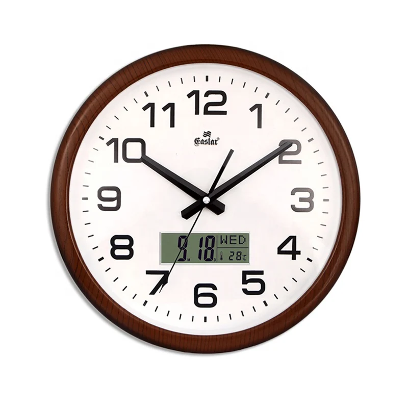 
Factory direct sales exquisite electroplated round metal like wood with thermometer calendar display wall clock 