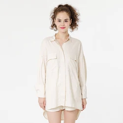 2021 Korea Spring Large Size Loose Dress Casual Ladies Cotton Linen Long Sleeve Dress Shirt Women