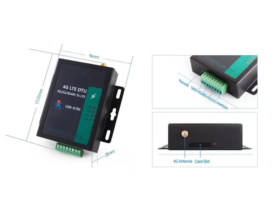 USR-G786-EUX Serial RS485 RS232 to cellular 4G LTE modem supports SMS command Modbus RTU to TCP Europe/Middle East/Africa/Korea