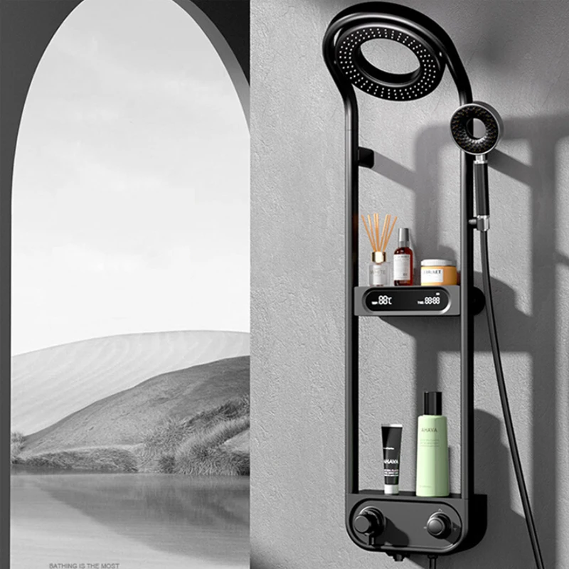 Tiktok Trends Thermostatic Shower Shower System Set Digital Display Home Bathroom with 2 Layer of Storage