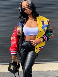 Winter Wool Hip Hop Custom Embroidery Leather Sleeves Letterman Cropped Bomber Varsity Jacket Women