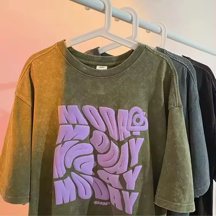custom puff printed logo 250 gsm t-shirt  100% cotton unisex streetwear graphic heavyweight oversized acid wash men t shirt
