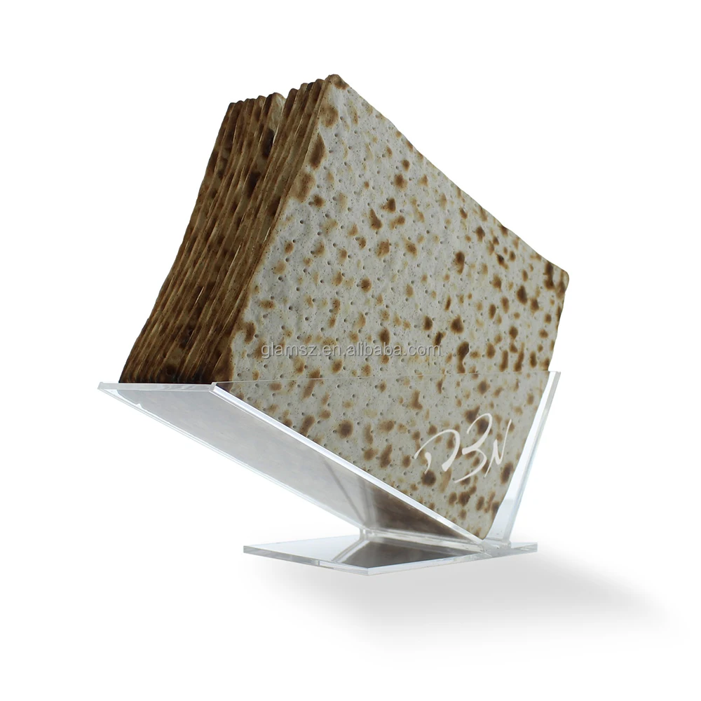 Passover Gelatin matzah holder with silver swirled text Transparent triangular box