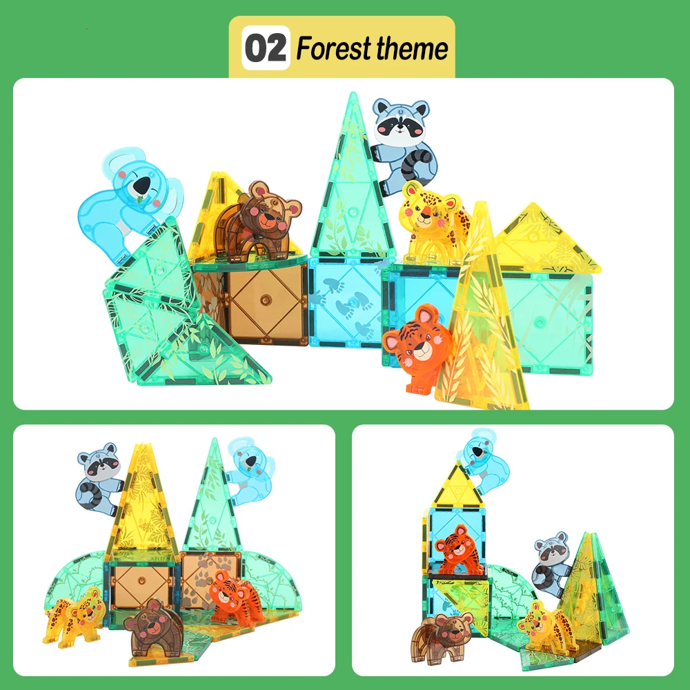 Zoo ABS Tiger Elephant Bear Jungle Forest Grassland Print Tile Magnet Set Magnetic Tile Building Blocks Educational Learn Toys