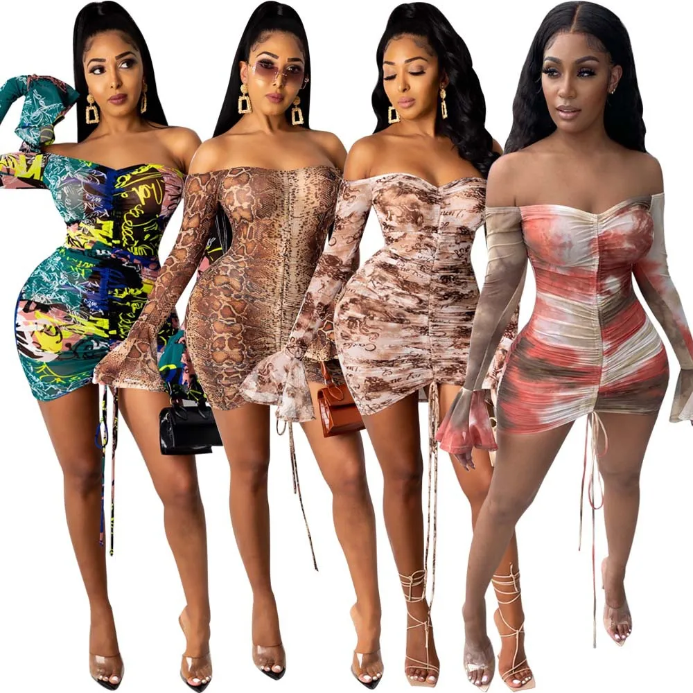 Новое модное клубное мини-платье с принтом, с открытыми плечами, плюс размер, женское Элегантное повседневное платье с рюшами на завязках