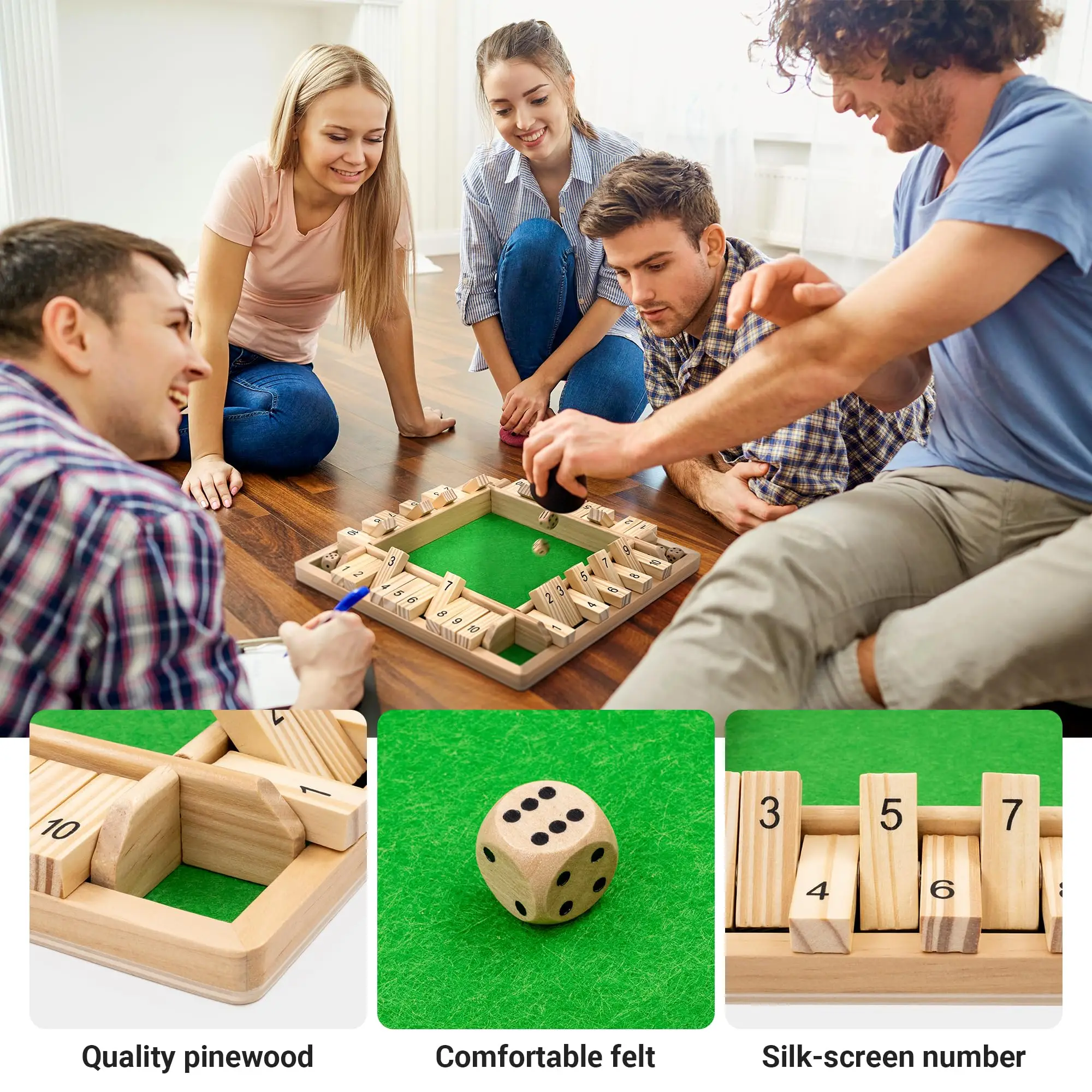 Shut The Box Dice Game Wooden (2-4 Players) for Kids & Adults 4 Sided Large Wooden Board Game Amusing Game for Learning Addition