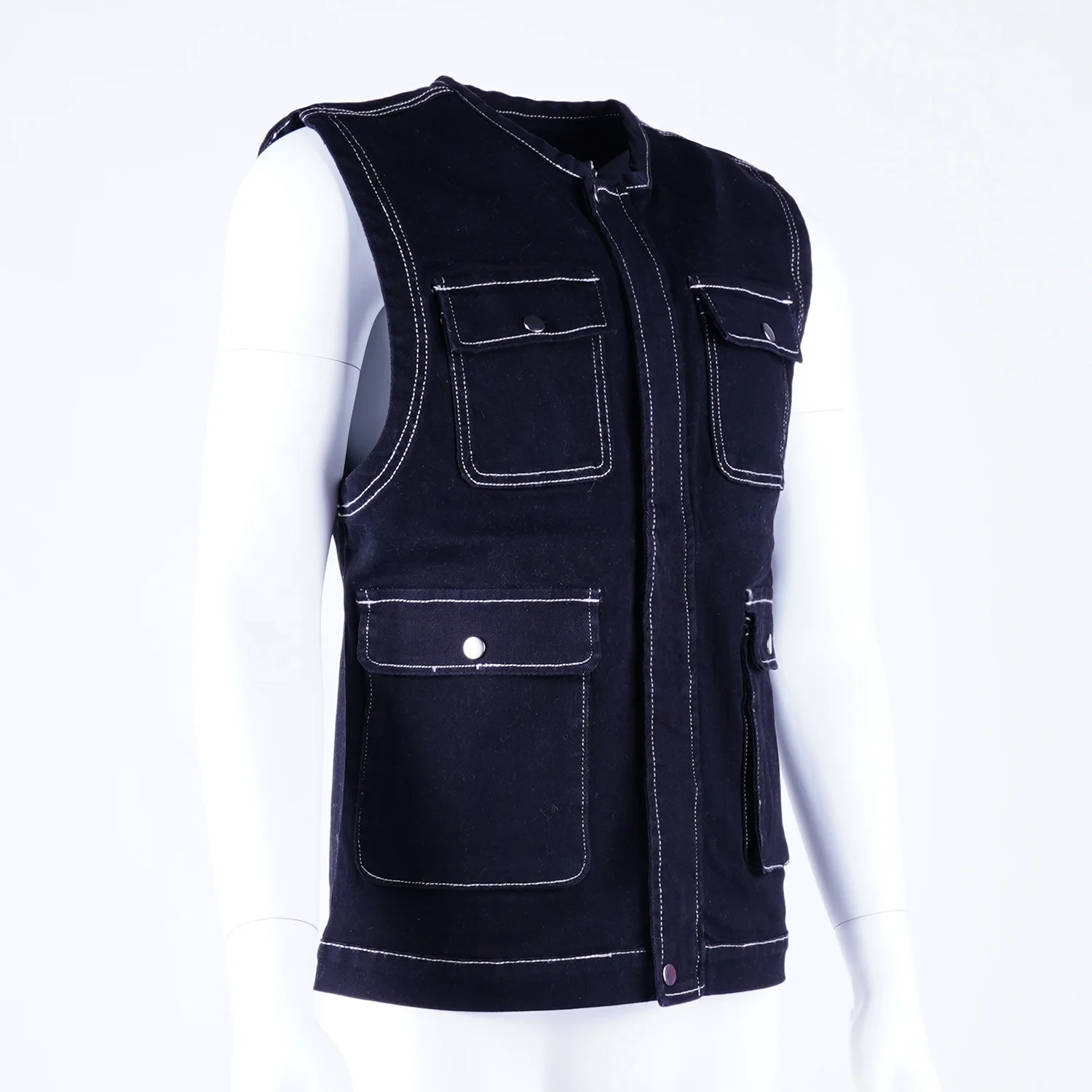 SKYKINGDOM gz longchan custom logo jean vest street wear black jeans vest stylish pockets jeans vest men