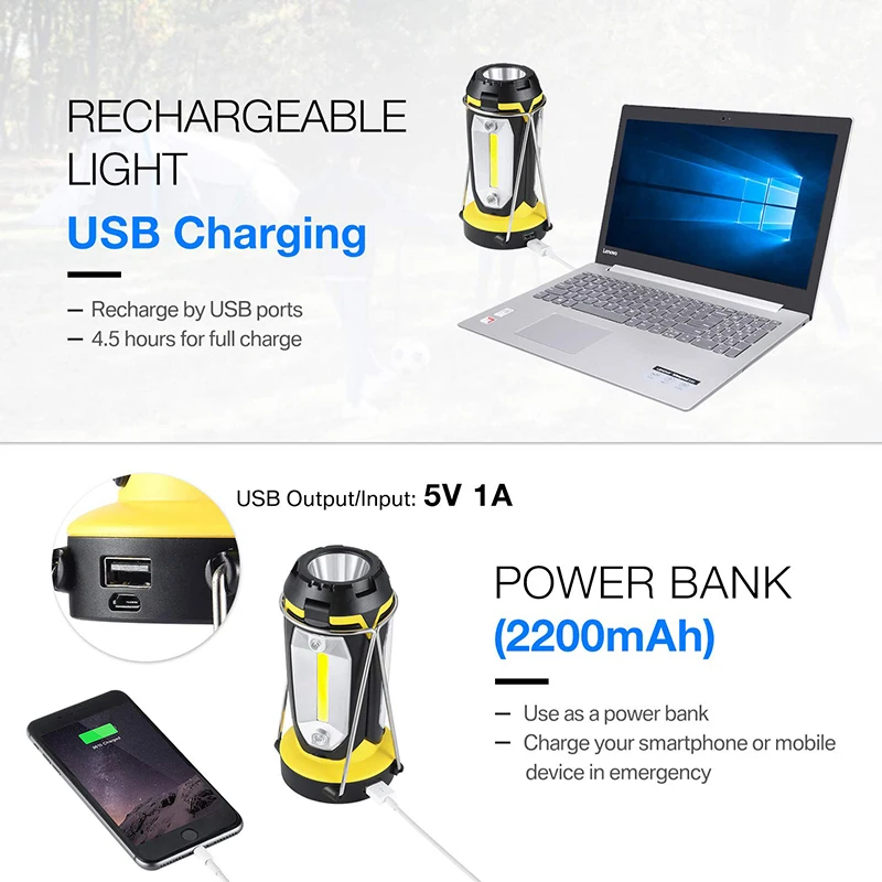 1200mAH power bank lamp 8 light modes outdoor waterproof cob work light 130LM LED Rechargeable Camping Lantern