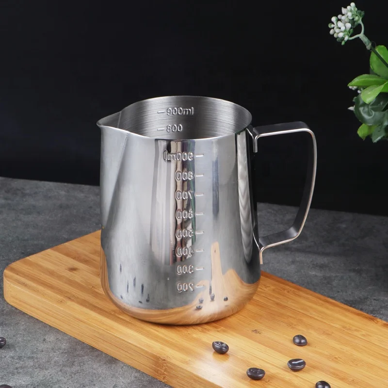 European measurement mark custom logo 304 stainless metal coffee milk frothing coffee pitcher milk pitcher barista