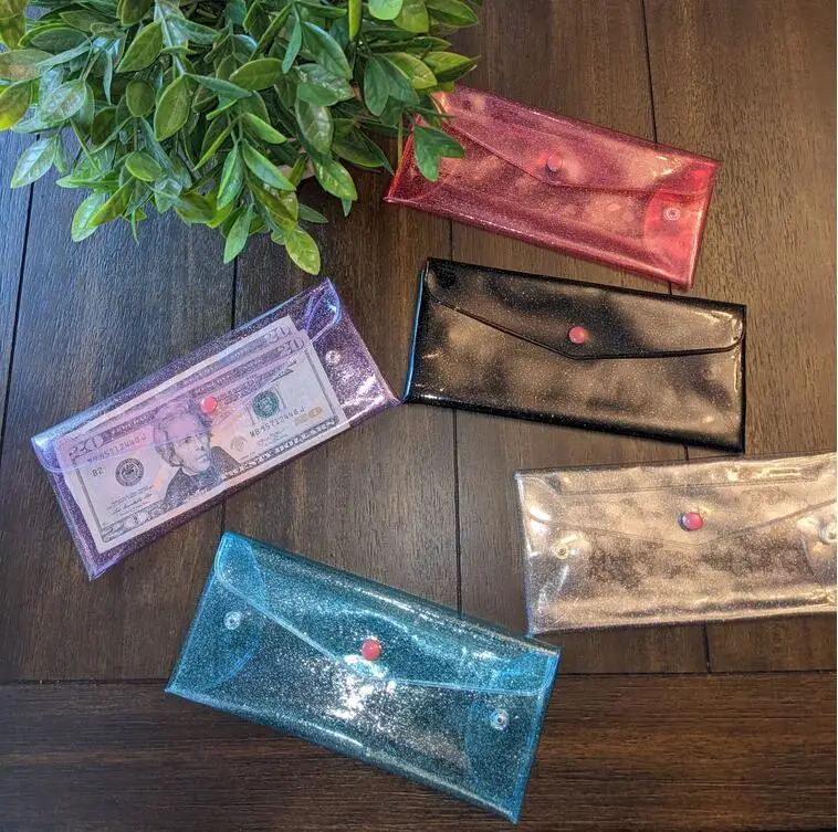 50 pcs custom logo clear bag holographic pvc card bag Waterproof Pencil Pouch Coin Purse with Snap Button