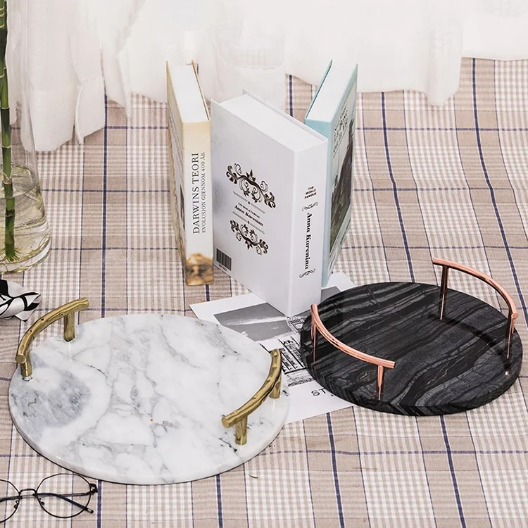 Storage Serving Tray Hotel Restaurant Marble Board Style Round Marble with OEM Metal Stone Sculpture 2021 New Home Black