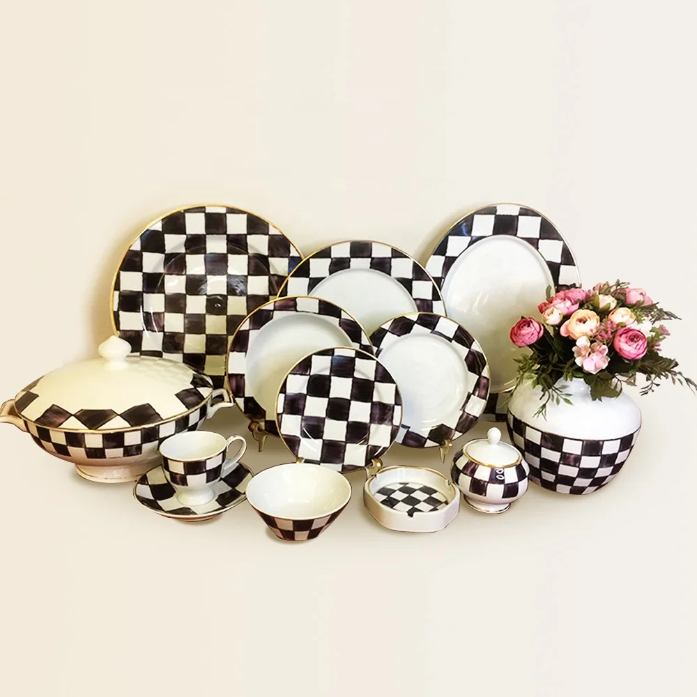 Оптовая продажа фарфоровая тарелка с зарядным устройством из костяного фарфора черно-белая фарфоровый Обеденный Сервиз керамическая столовая посуда