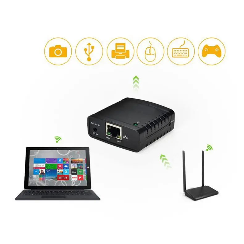 wireless Networking Print Server, USB 2.0 Print Server with power adapter