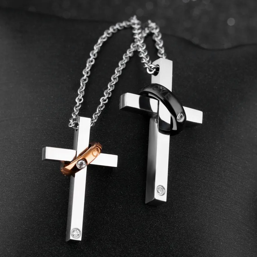 Retro Rose Gold Plated Stainless Steel love Couple Jewelry Fashion Simple Cross Pendant Necklace With Jesus Rings