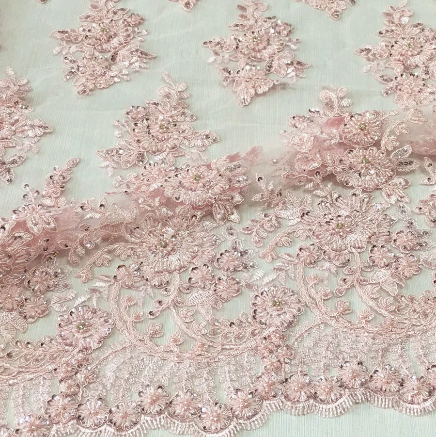 luxury pink lace fabric heavy hand beaded and sequins embroidered lace tulle fabric for party dress