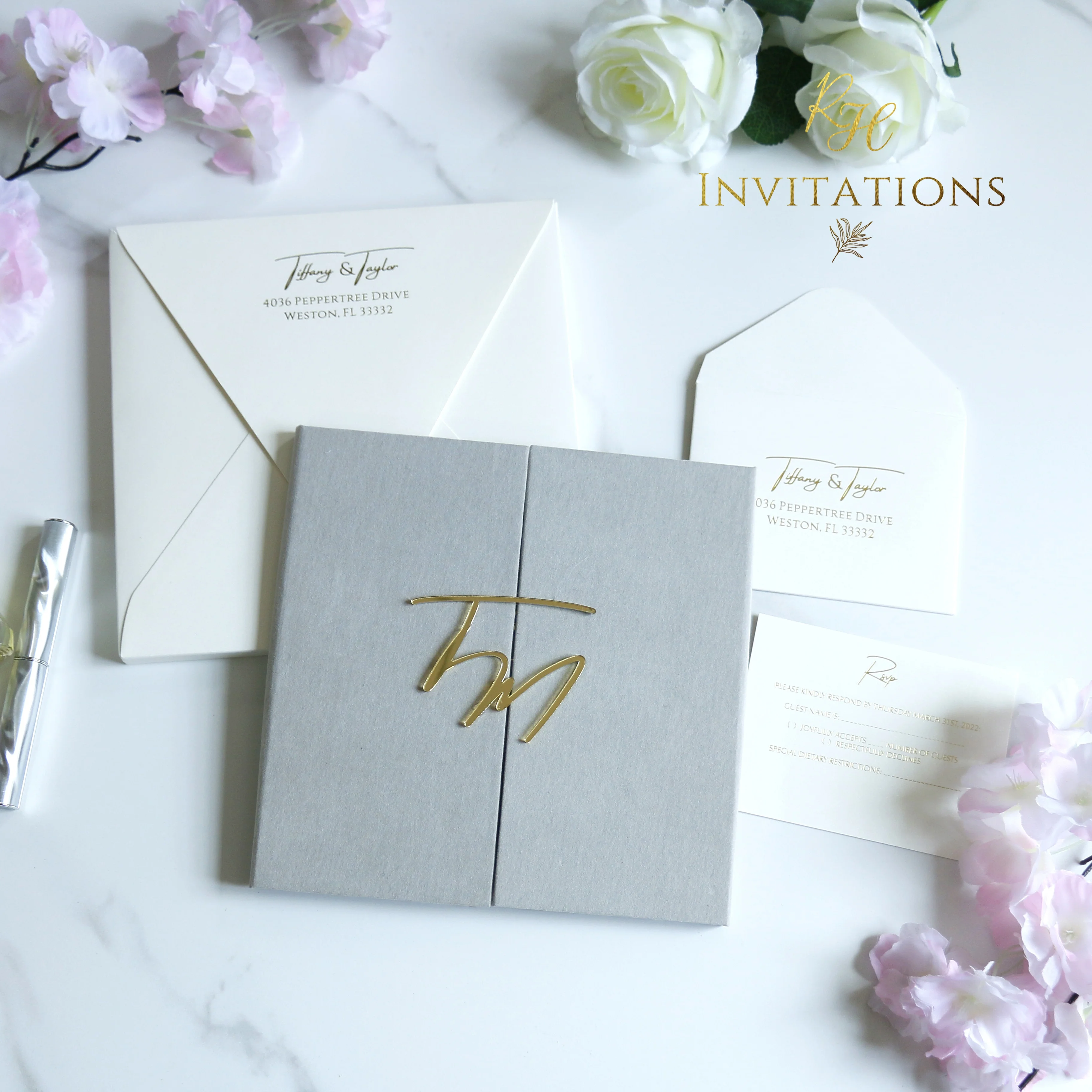 Elegant grey open suede paper crafts wedding invitation with Transparent  acrylic for wedding cards