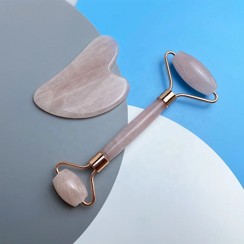 
In stock! 100% natural rose quartz jade roller gua sha sets wholesale 