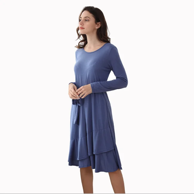 Женское трикотажное платье с длинным рукавом, с оборками, весна-осень