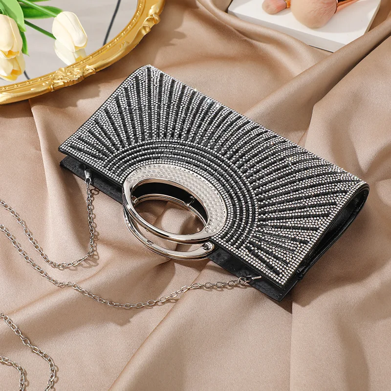 TS European and American Retro Large Round Ring Handbag With High-end Texture Diamond Inlay Sparkling Bridal Banquet Bag, Party
