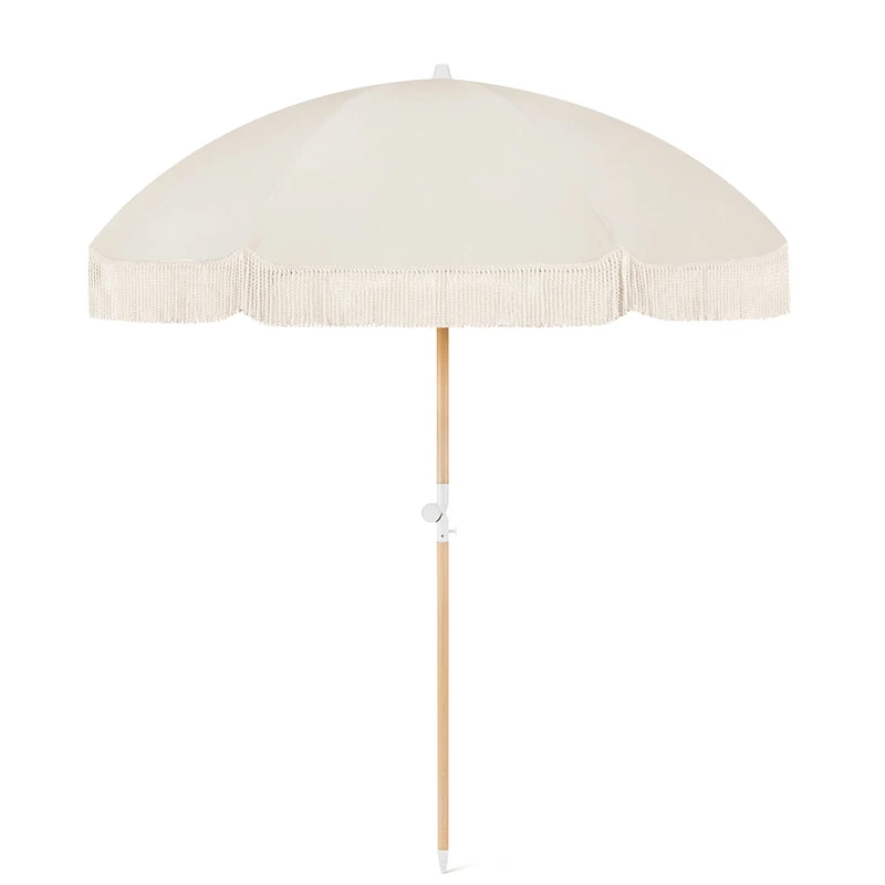 High Quality Luxury Boho Wooden Canvas Outdoor Garden Beach Sun Parasol Canopy White Vintage Fringe Beach Umbrella With Tassels
