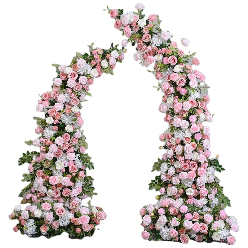 Large Pink Rose Curved Floral Arch Horn Shelf Flower Wedding Welcome Background Decor Horn Arch Window Flower Ceremony Layout