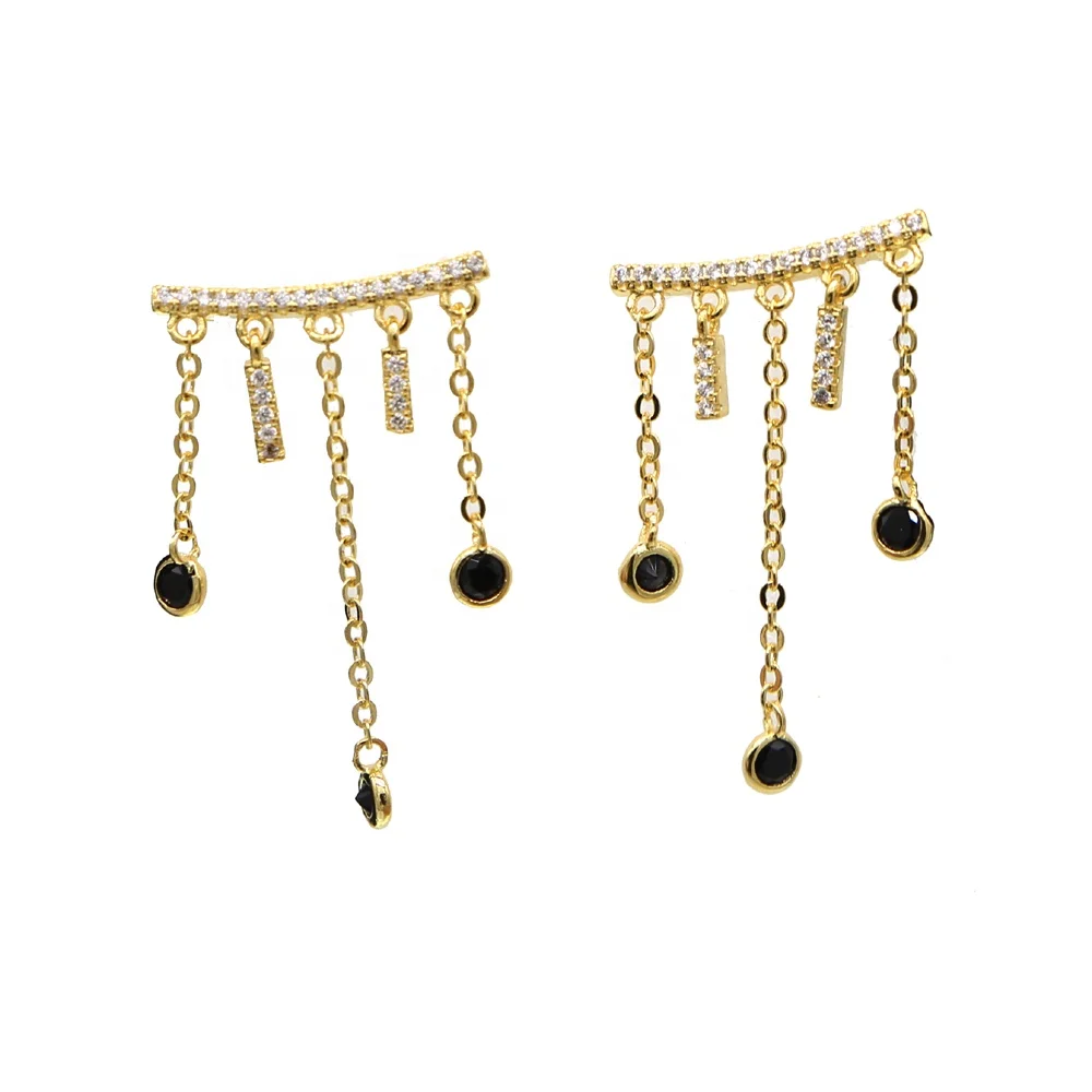 top selling fashion elegant jewelry factory wholesale 18k gold black cz tassel chain fashion earring