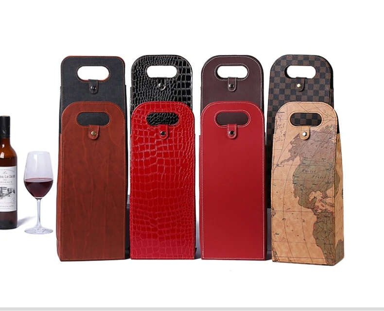 Custom LOGO Luxury Single Double PU Leather Wine Bottle Gift Packaging Bag Wine Tote Bag