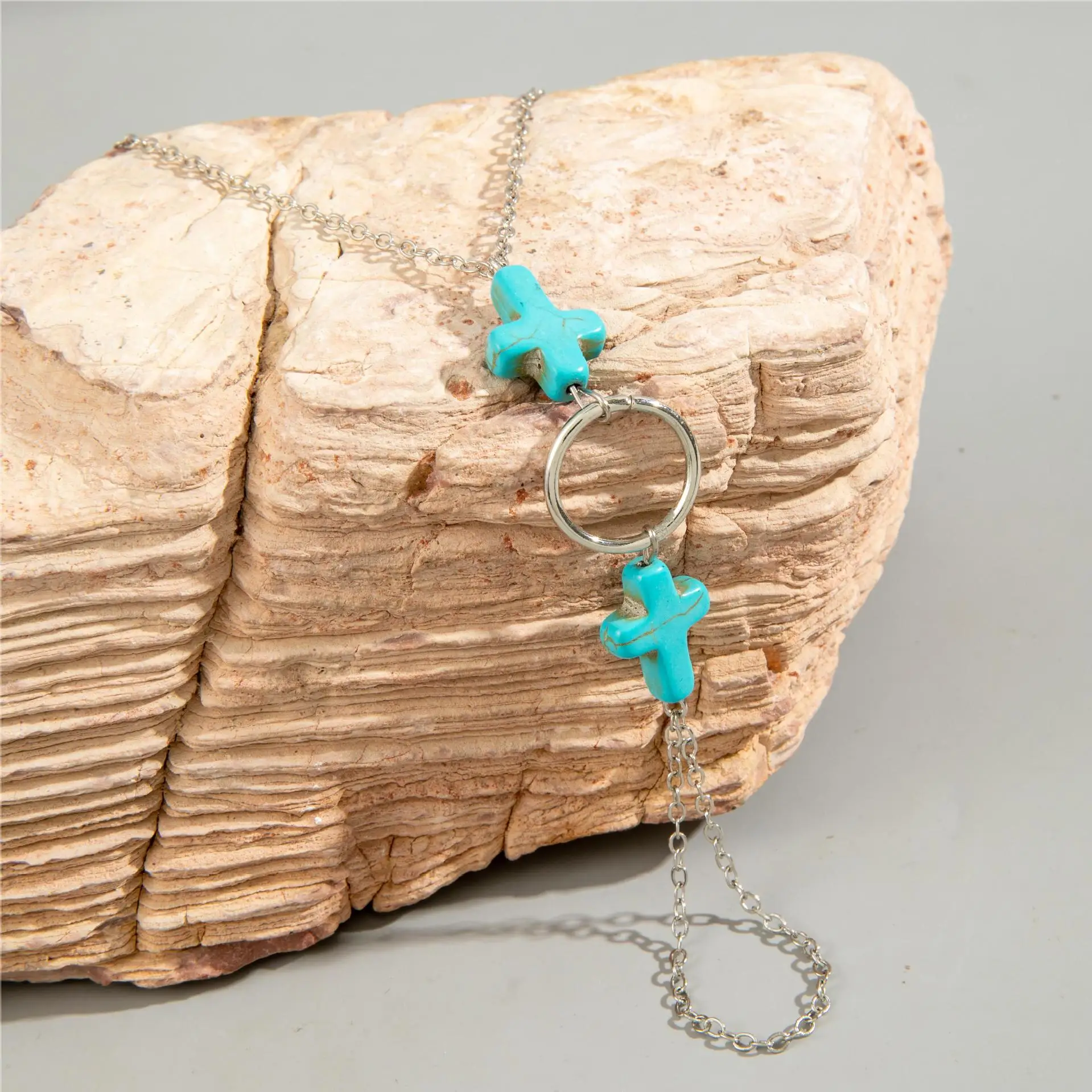 Bohemian Turquoise Cross Toe Chain Simple Design Circle Finger Ankle Jewelry