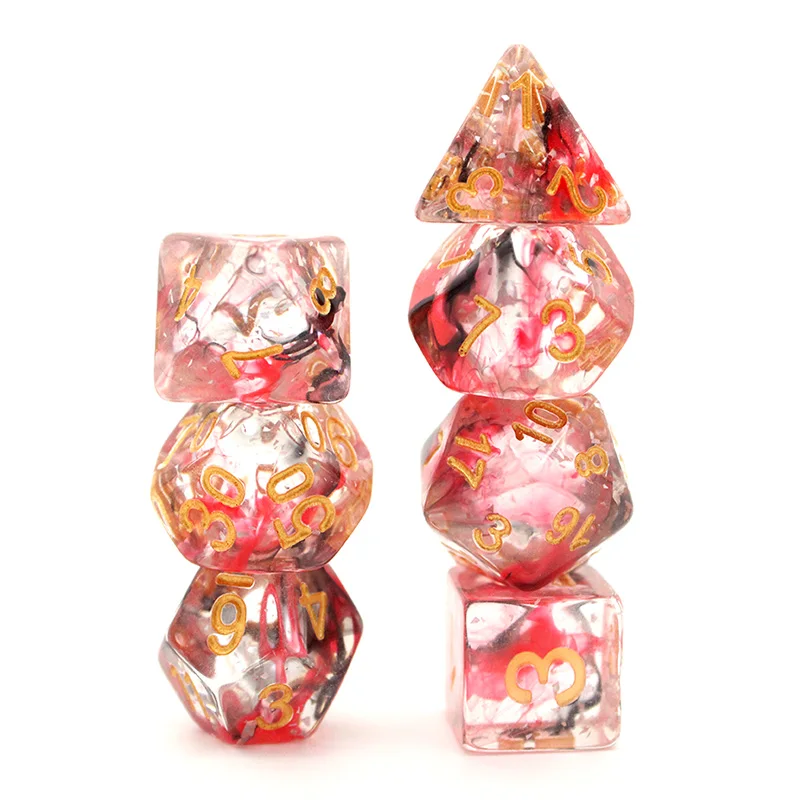 Factory Plastic Acrylic Dices 7Pcs Polyhedral Red Black Swir Custom Resin Dice 10Mm With Laser Reflect Pieces