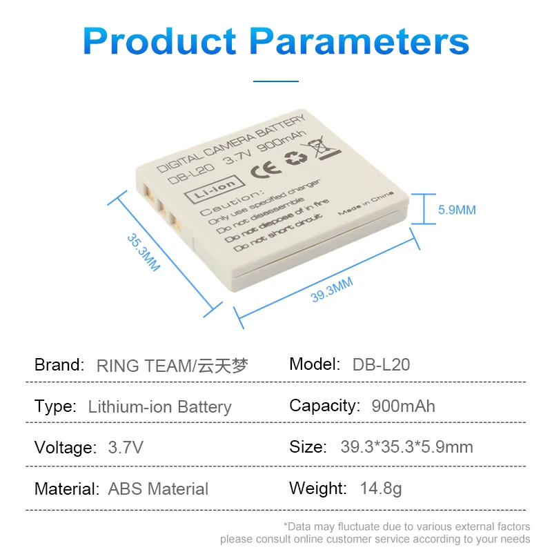 3.7V 900mAh Rechargeable DB-L20 Battery Pack DBL20 Lithium ion Batteries for Sanyo Xacti VPC E6U J4 C1 C4D C4N C5S C5T Cameras