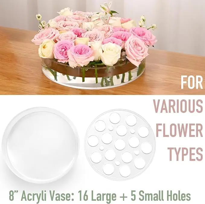 Clear Round Flower Vase Acrylic Flower Box Vase with hole for Centerpieces for Party Dining Table Home Decor