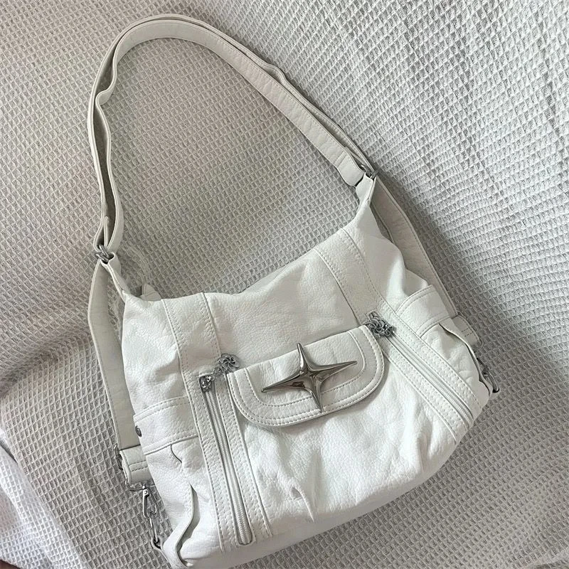Y2k Large Capacity Shoulder Bag White Pu Leather Crossbody Handbag Punk Goth Fashion Simple Designer Handbag