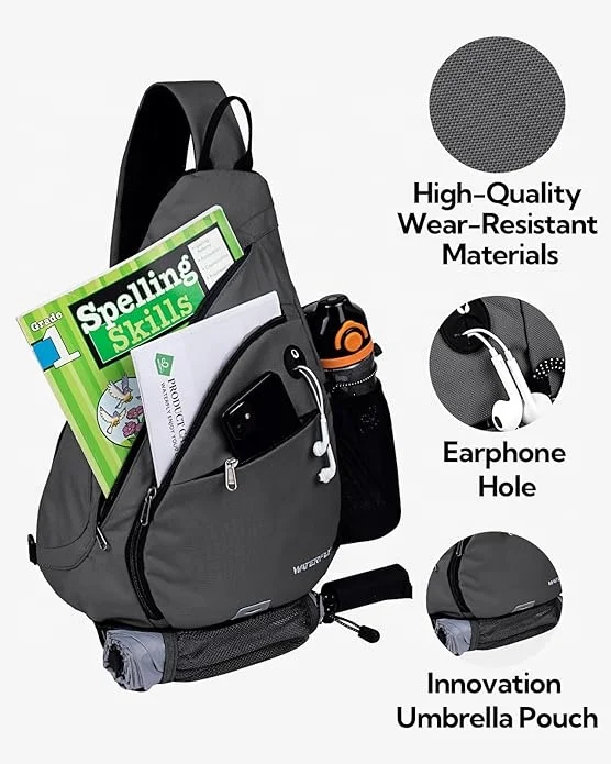bottom-umbrella-pouch designed waterproof multi-pockets laptop & camera triangle sling backpack with water bottle holder