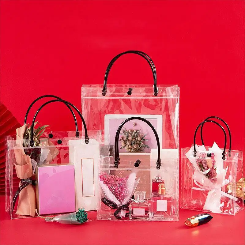 Professional custom pvc hand bag black handle white button gift packaging