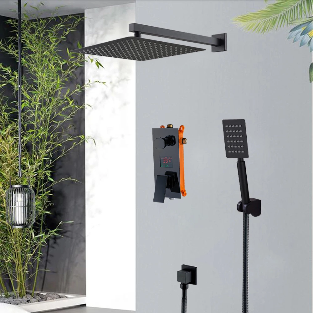 Matte Black LED Digital Display Shower Faucet Set Rain Waterfall Black Bathtub Shower System LCD Digital Shower Bath Mixer Tap