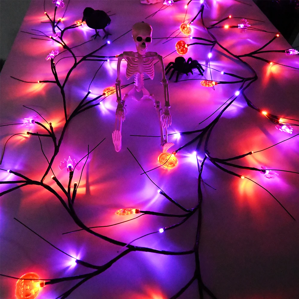 Halloween Decor Lights 6.5 Ft 54 LED Willow Vine Twig with Timer Battery Operated Vine Lights 18 LED Ghosts and 36 White Lights