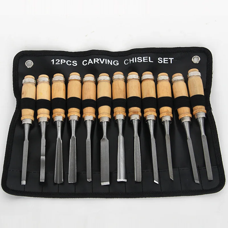 12 Pcs Hand Chisel Carving Tools Set Wood Steel Canvas Bag DIY Woodworking Tools Woodturning Tools Wood Turning Lathe Chisels