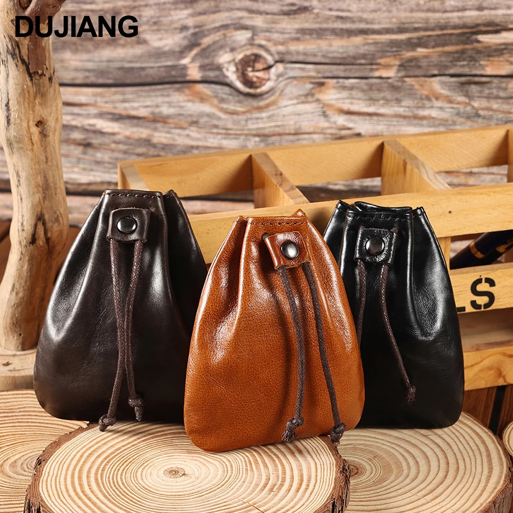 Factory Retro Genuine Leather Unisex Coin Purse Portable Money Pocket Drawstring Pouch For Coins,Keys