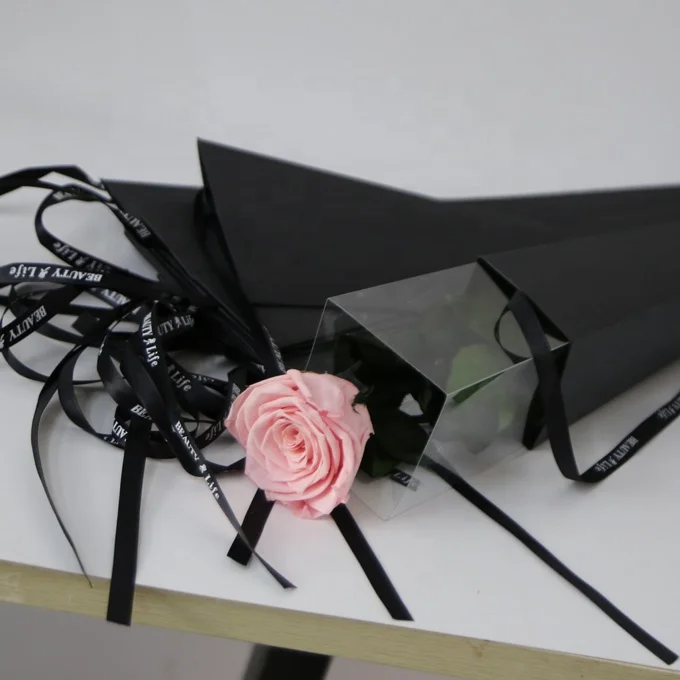 
single natural real preserved rose with stems in black gift boxes for valentine day 