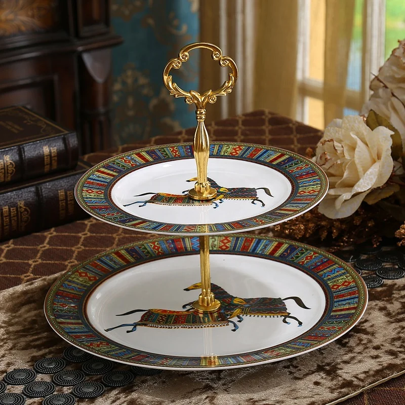 New Designs Cake Plate Royal British Ceramic Plate Luxury bone china 2-layer Party Plates