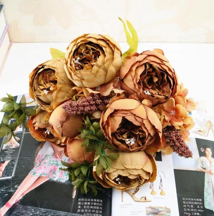 FCR104 Artificial Silk Peony Flowers Bouquet 5 Big Head And 4 Bud Cheap Flower For Home Wedding Decoration