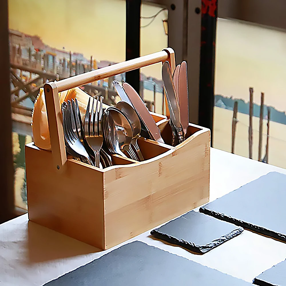 handle compartment four varnish color custom craft bamboo kitchen utensil bins wooden storage holders & racks